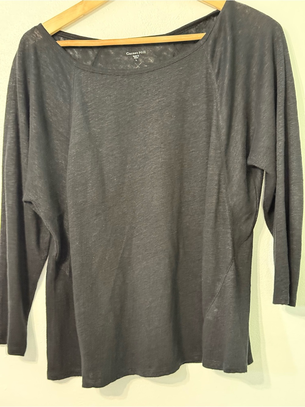 Garnet Hill black Scoop Neck Long Sleeve Top organic linen large
